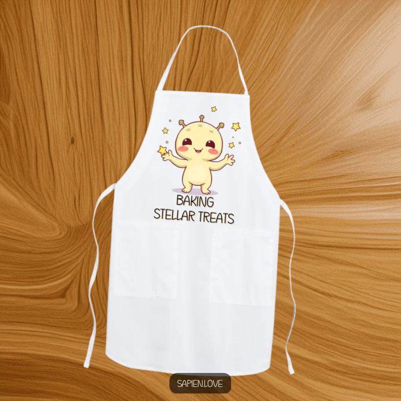 Funny apron illustration of a cheerful alien juggling sparkling stars, perfect for adding cosmic fun to cooking.