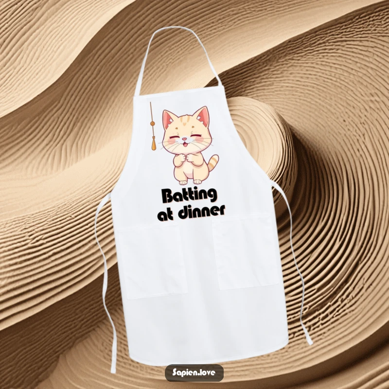 Funny Cat Apron showcasing a playful cat character batting at a dangling string, ideal for cat lovers in the kitchen.