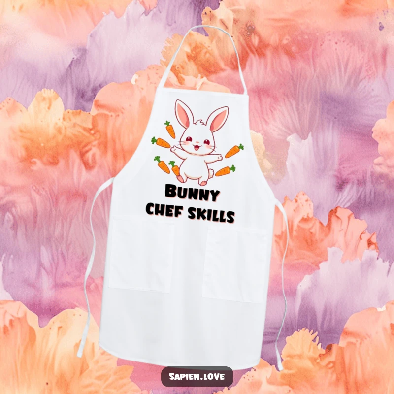 Funny apron depicting a rabbit character juggling colorful carrots, ready for amusing culinary adventures.