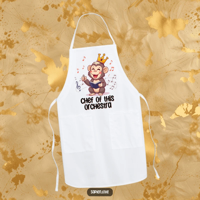 Funny Primate Conductor Apron: A cheerful primate king in a crown, conducting musical notes while cooking, functional and humorous.