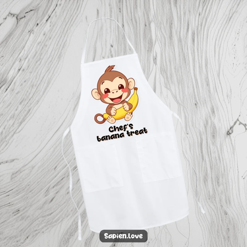 Funny kawaii monkey banana apron, a cheerful character offering a banana, perfect kitchen funny gift.