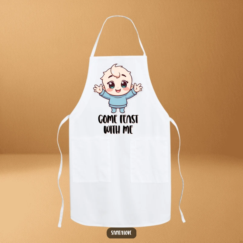 Funny Apron: A character with cheerful eyes warmly greets with open arms.