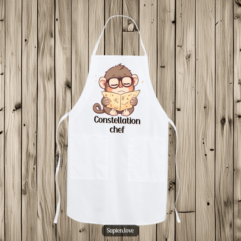 Funny apron design showing a sleepy monkey in glasses reading a constellation scroll, ideal for culinary exploration with a hint of cosmic contemplation.