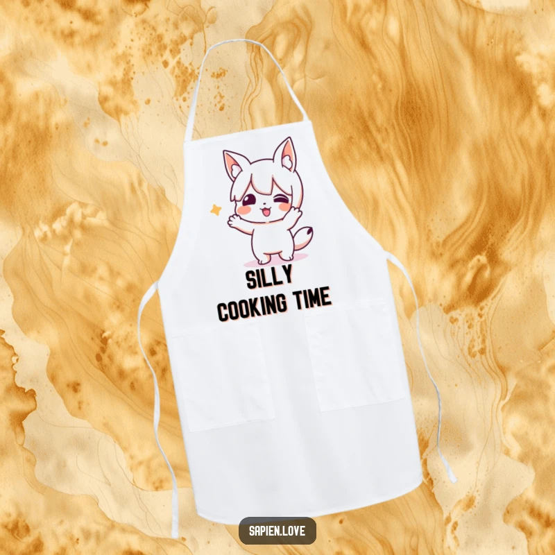 Funny apron depicting a playful character with animal ears performing a silly action. A functional funny gift.