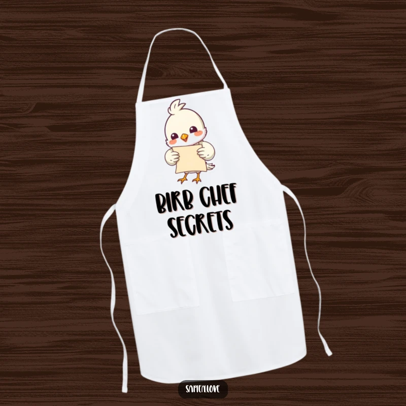 Funny bird character holding a scroll, possibly a recipe, printed on a functional and funny apron.