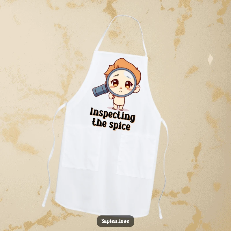Funny Apron: A human character with a focused, curious expression uses a magnifying glass while cooking, bringing humor to the kitchen.