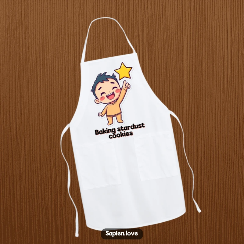 Funny Apron: A kawaii human character with a wide, delighted grin is reaching upwards towards a star, adding fun to cooking.