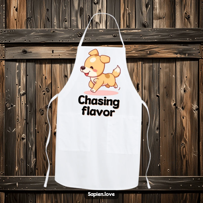 Funny Dog Apron showcasing a playful dog character chasing its tail, ideal for pet lovers in the kitchen.