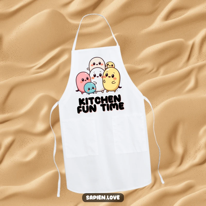 Funny Abstract Pals apron design with rounded abstract shapes and simple eyes interacting playfully, ideal for kitchen protection and adding humorous charm.