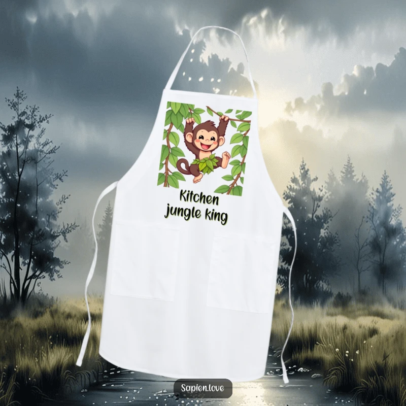Funny kawaii primate apron, a happy character swinging from a vine, jungle spirited funny kitchen gift.