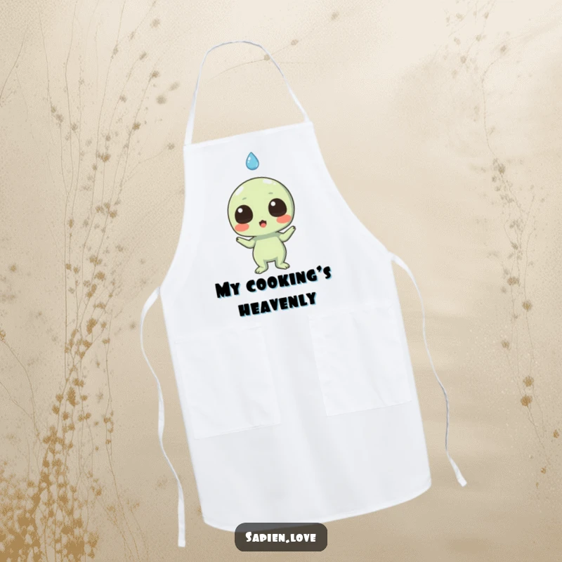 Funny apron illustration of a surprised alien character encountering a friendly, smiling raindrop, perfect for kitchen fun.