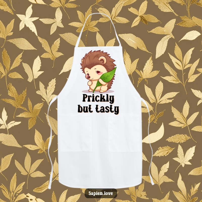 Funny Hedgehog Apron with a curious hedgehog character examining a leaf, ideal for chefs who enjoy nature themes.