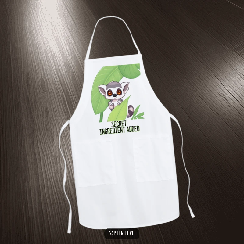 Funny kawaii lemur apron, a shy character peeking from behind a jungle leaf, perfect kitchen funny gift.