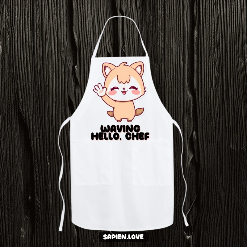 Funny Apron: A chef's accessory featuring a whimsical character with animal ears waving enthusiastically, adding cheer to cooking.