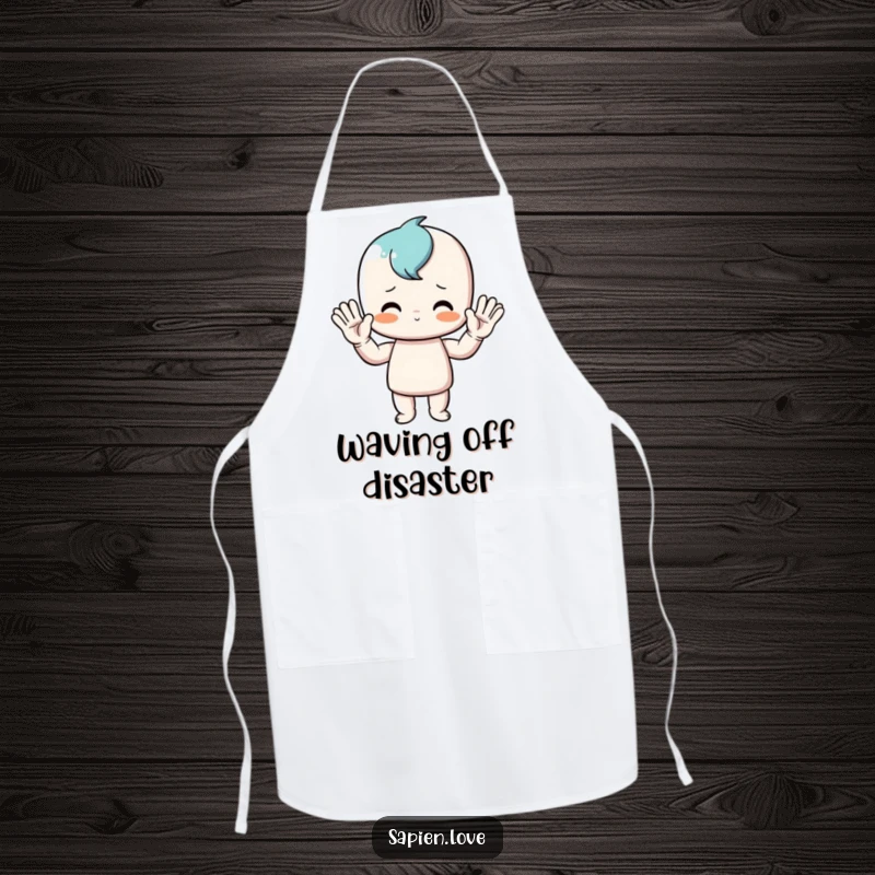 Funny kitchen apron depicting a stick figure enthusiastically waving, designed for cooks who want to add humor and personality to their cooking experience.