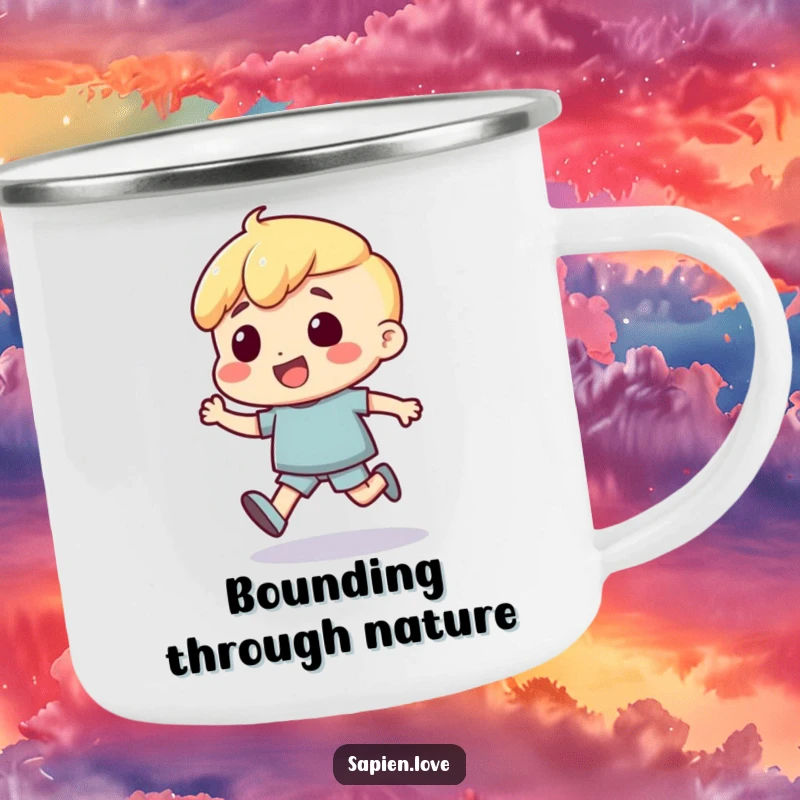 Funny Camping Mug: An excited human character is shown mid-bounce, radiating energy and enthusiasm, perfect for outdoor fun.
