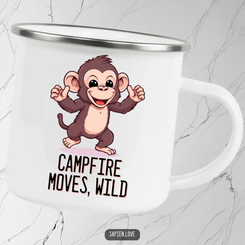 Funny kawaii ape dance camping mug, a playful character dancing with exaggerated moves, perfect outdoor humorous gift.