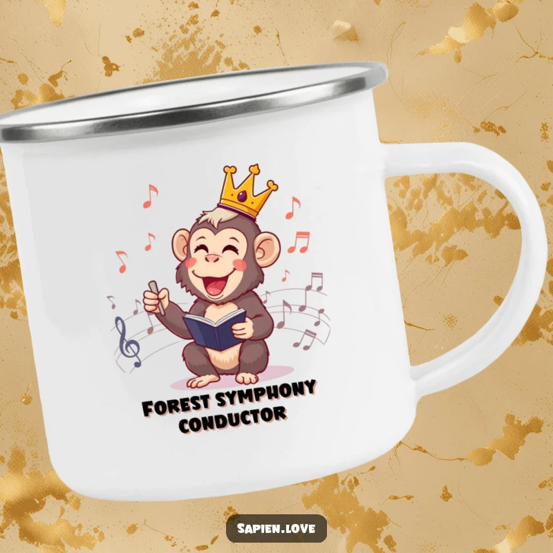 Funny Primate Conductor Camping Mug: A cheerful primate king conducting music notes in an outdoor setting, ready for campfire tunes.