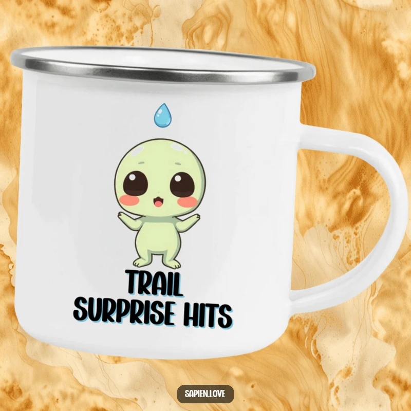 Funny camping mug showing a surprised alien reacting to a smiling raindrop, ideal for outdoor brews and unexpected moments.