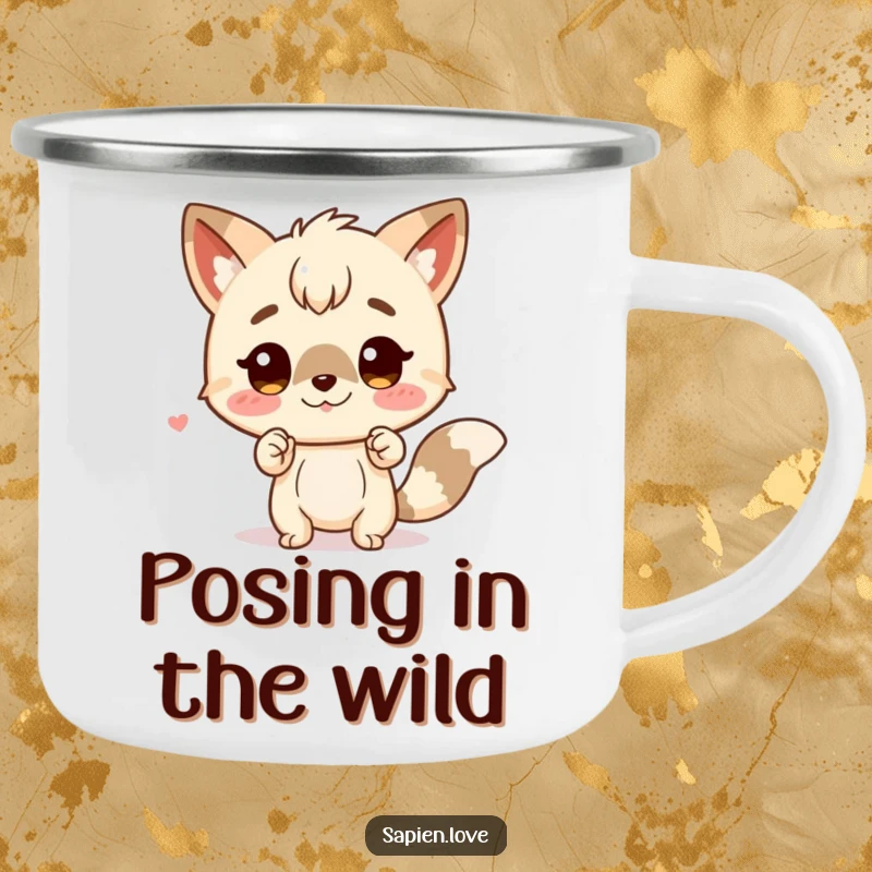 Funny camping mug with a charming character with animal traits striking a funny pose. An ideal funny gift.