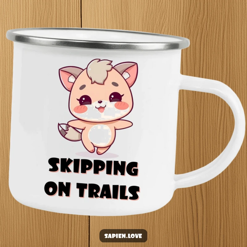 Funny camping mug with a joyful character with animal features skipping happily. An ideal funny gift.
