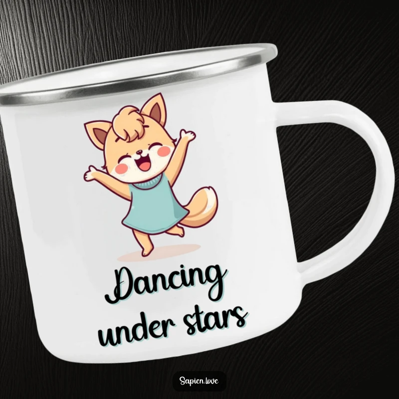 Funny Camping Mug featuring a stylized person with animal features dancing happily, ideal for outdoor enjoyment and spreading cheer.