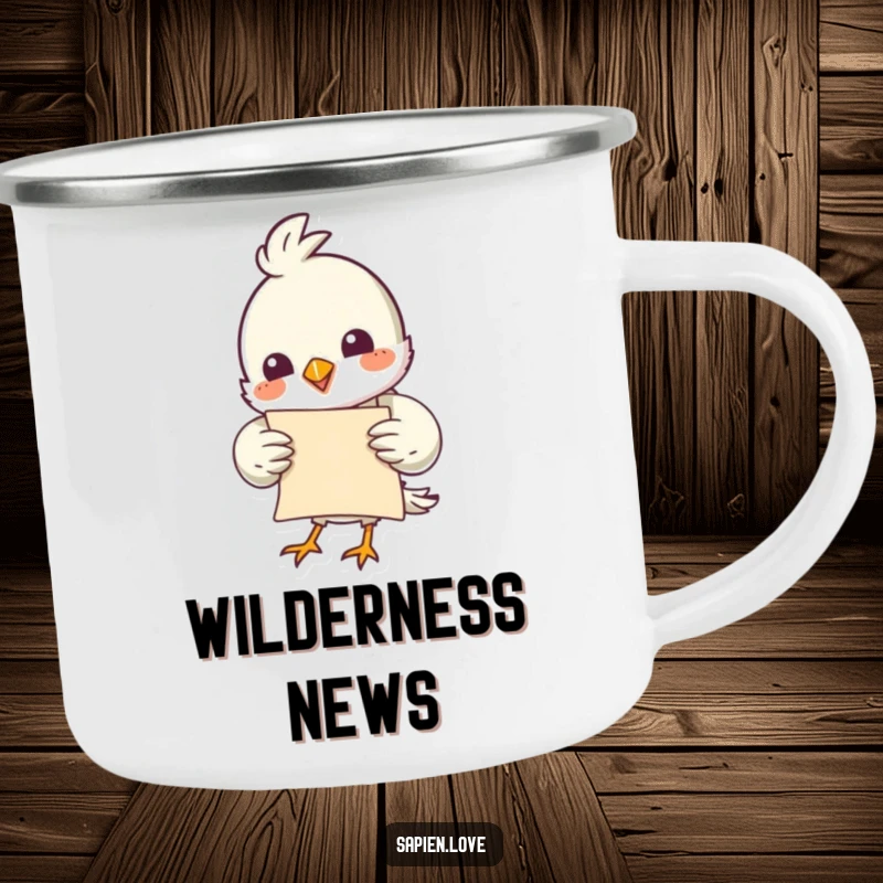 Funny bird character holding a scroll, suitable for outdoor adventures, on a sturdy camping mug.