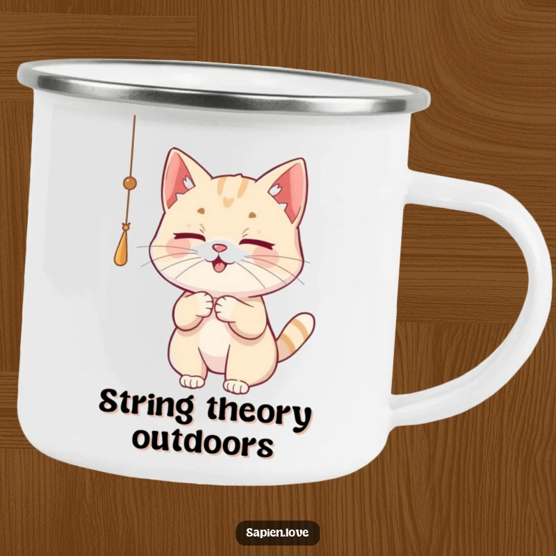Funny Cat Camping Mug with a playful cat character batting at a dangling string, built for durability and enjoyment.
