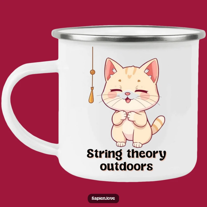 Funny Cat Camping Mug - Playful Kitty Batting String Enamel Cup