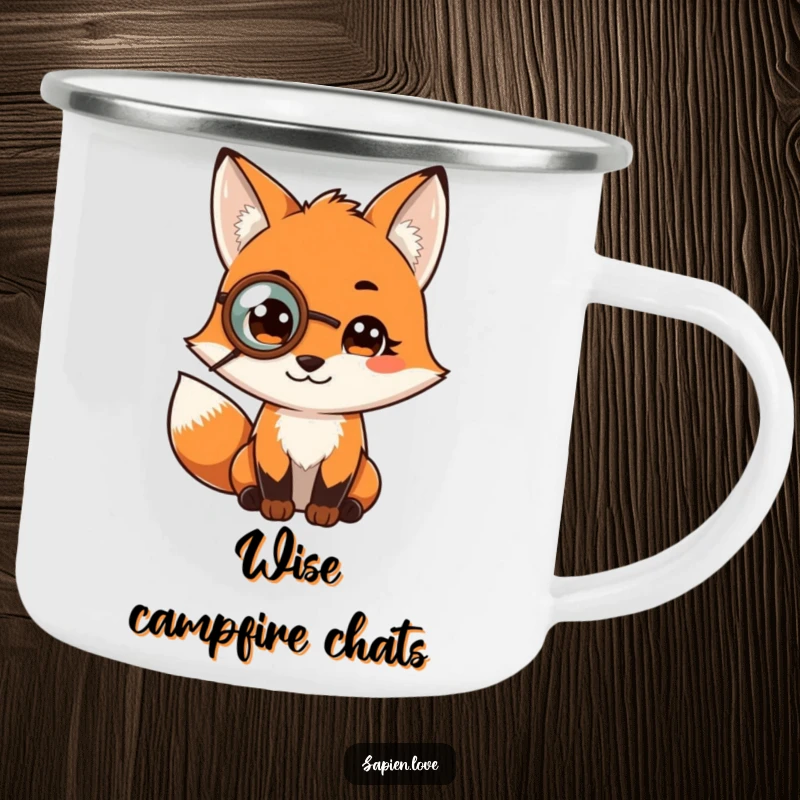 Funny camping mug with a fox character wearing a monocle, serving drinks with amusing wisdom during outdoor excursions.