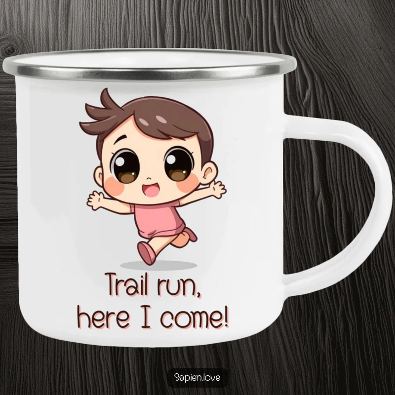 Funny Kawaii Camping Mug: A cute character with big eyes runs with excitement, for outdoor use.