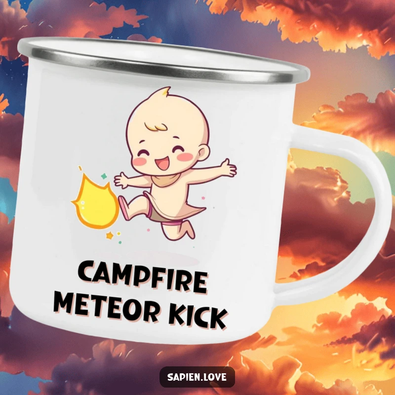 Funny camping mug featuring a character gleefully kicking a small, glowing meteor, durable for outdoor use and inspiring playful cosmic adventures.