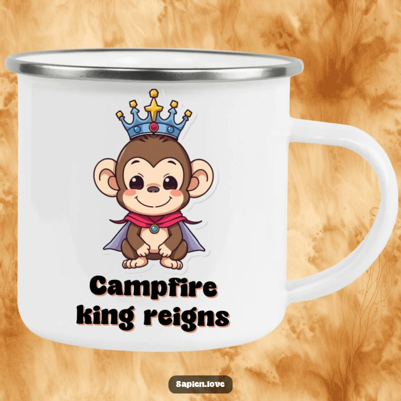 Funny camping mug with a monkey character in a crown and cape, serving drinks with amusing royal authority during outdoor excursions.