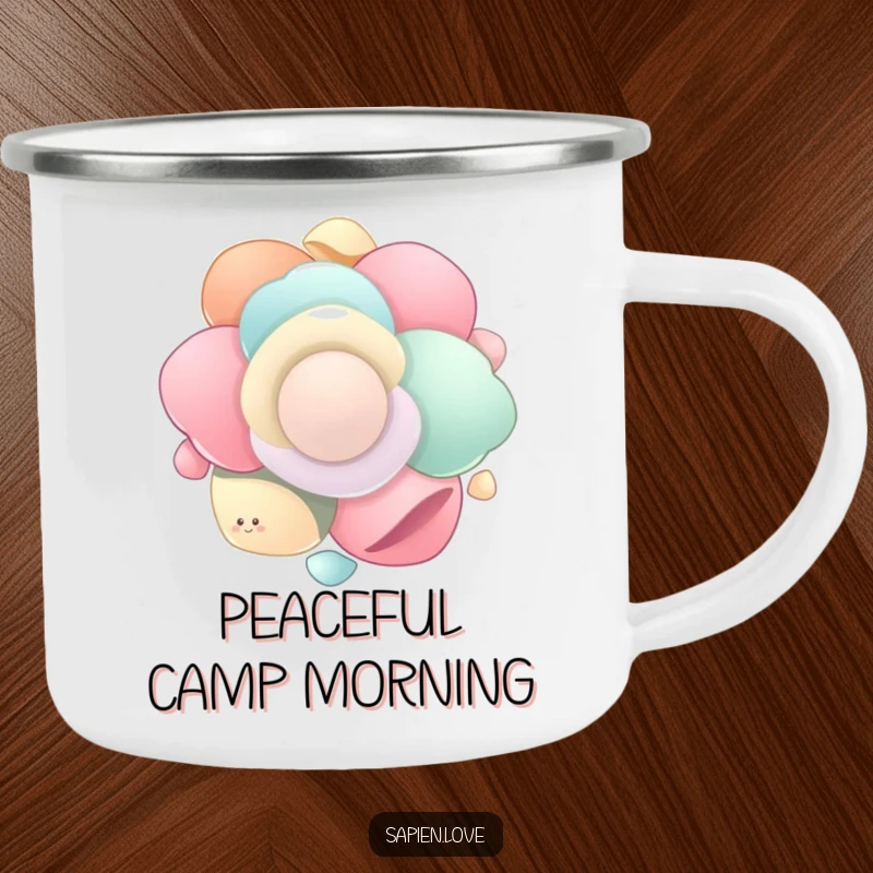 Funny Organic Flow camping mug with smooth, organic shapes gently floating and spinning in unison, perfect for rugged use and adding a humorous, peaceful touch.