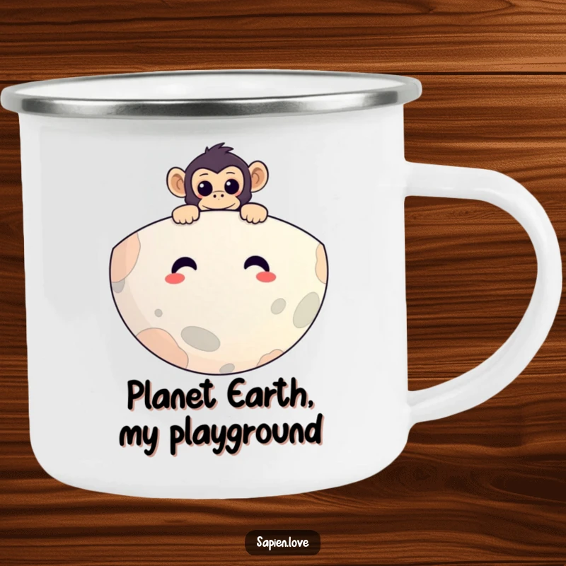 Funny camping mug featuring a curious primate peeking over a smiling planet, perfect for outdoor enthusiasts who enjoy humor.