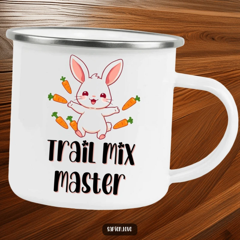 Funny camping mug with a rabbit character juggling colorful carrots, serving drinks with amusing whimsy during outdoor excursions.