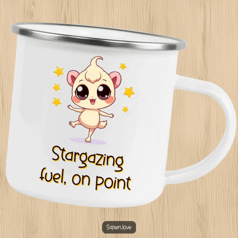 Funny Star Juggler Camping Mug: A playful creature juggling stars in a nighttime setting, perfect for campfire stories.