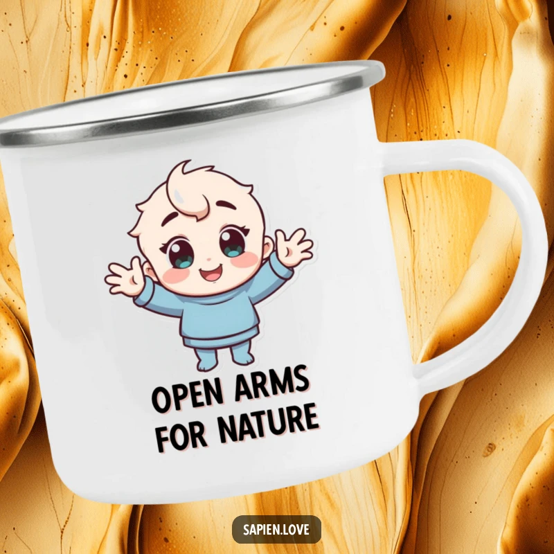 Funny Camping Mug: A character with cheerful eyes greets warmly with open arms.
