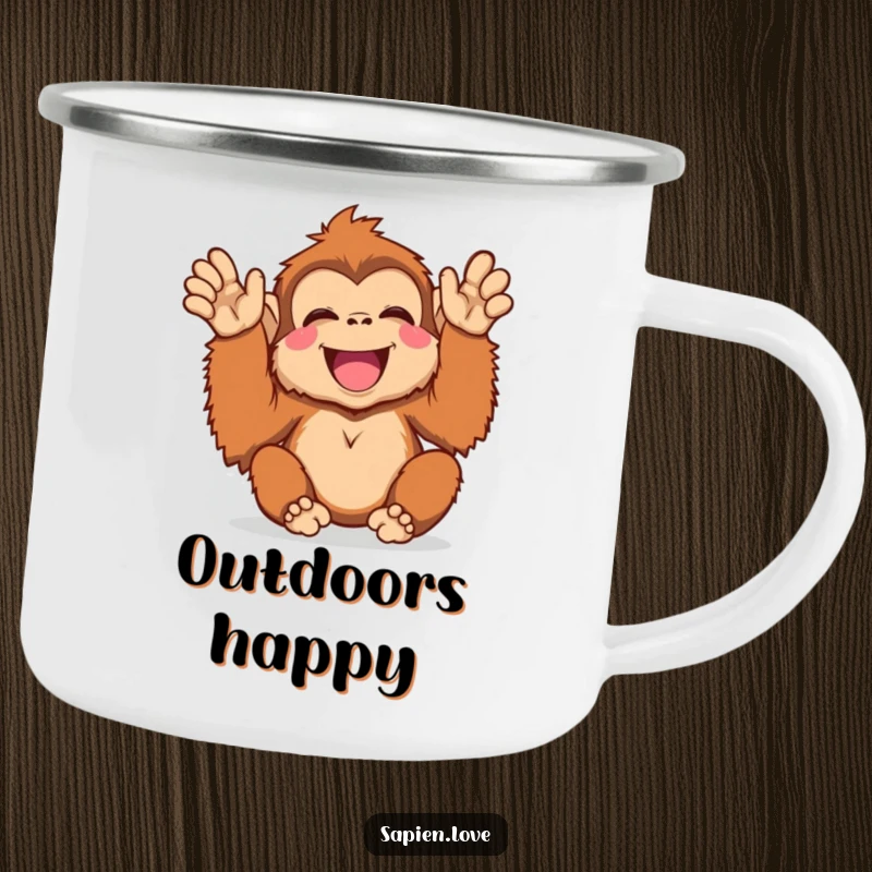Funny Kawaii Orangutan Camping Mug, a cute orangutan clapping with joy, durable and humorous for outdoor use.