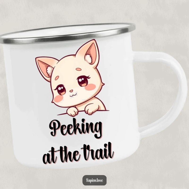 Funny Camping Mug: A sturdy enamel cup with a character's animal ears peeking over the rim, adding a playful touch.