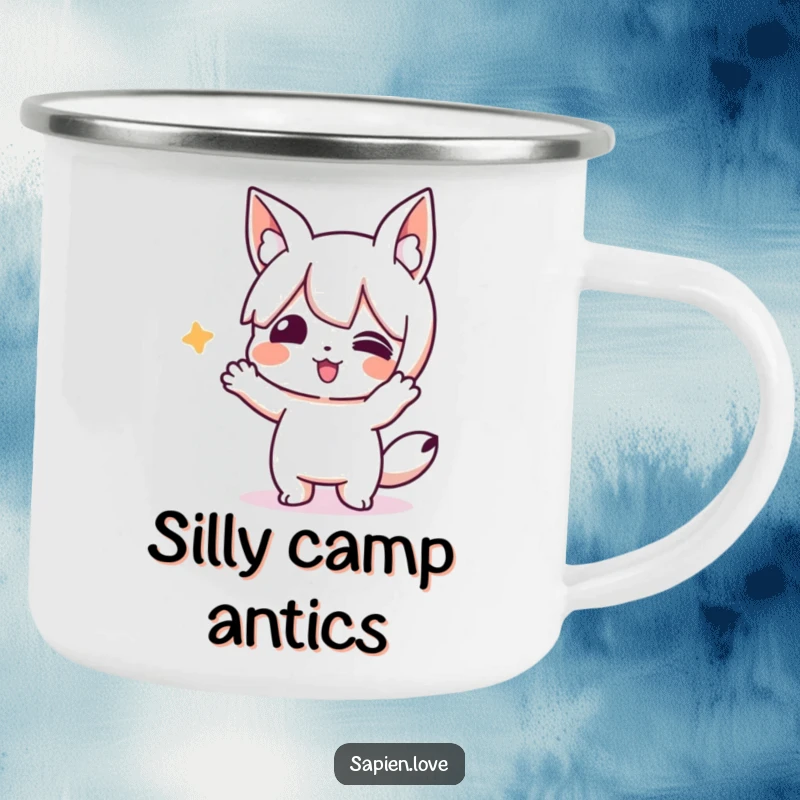 Funny camping mug with a playful character with animal ears performing a silly action. An ideal funny gift.