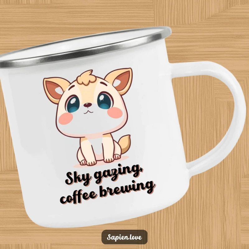Funny camping mug depicting a curious character with animal ears looking at the sky, ideal for outdoor contemplation.