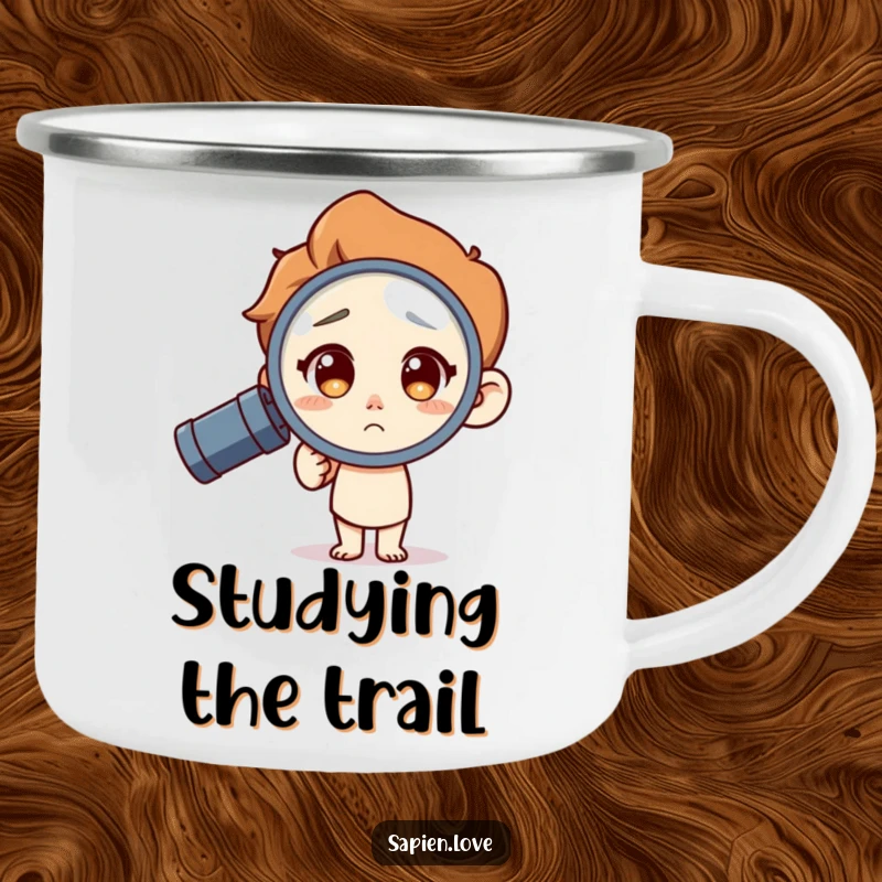 Funny Camping Mug: A human character with a curious expression uses a magnifying glass, perfect for outdoor adventures and a good chuckle.