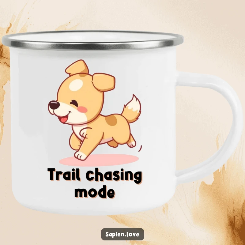 Funny Dog Camping Mug with a playful dog character chasing its tail, built for durability and enjoyment.