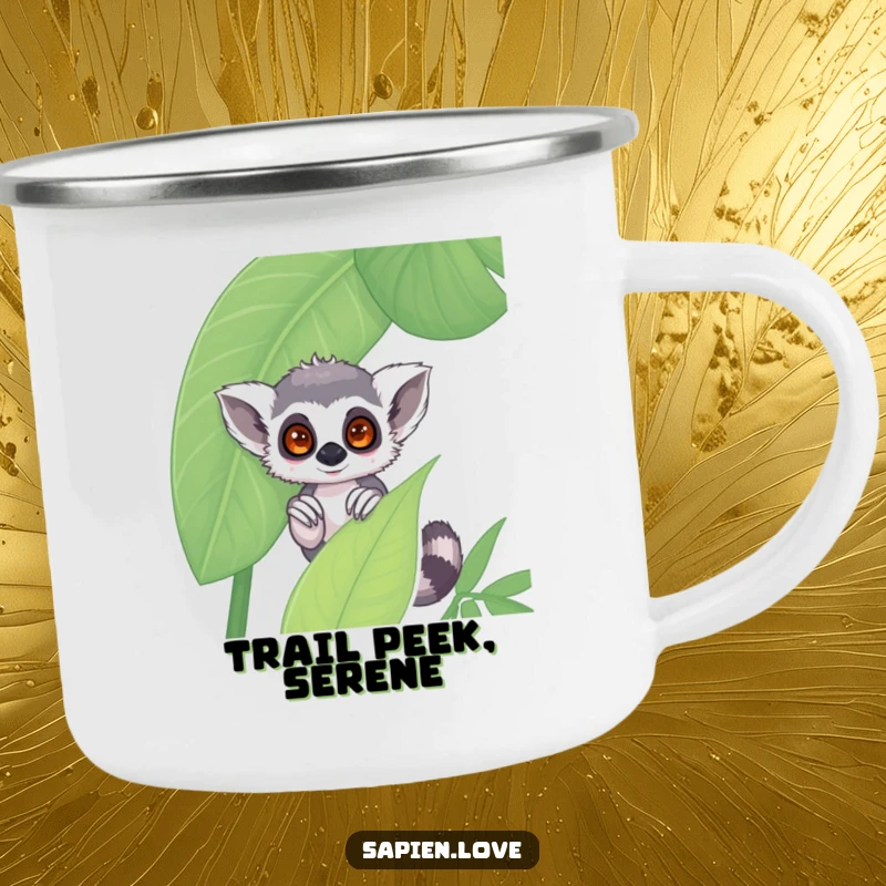 Funny kawaii lemur camping mug, a shy character peeking from behind a leaf, perfect outdoor humorous gift.