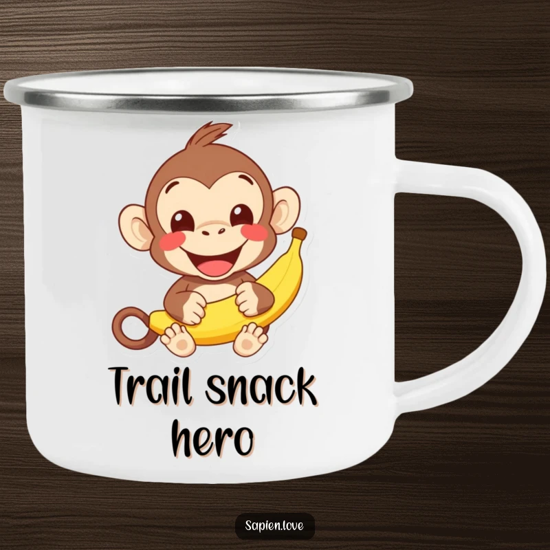 Funny kawaii monkey banana camping mug, a cheerful character offering a banana, perfect outdoor humorous gift.
