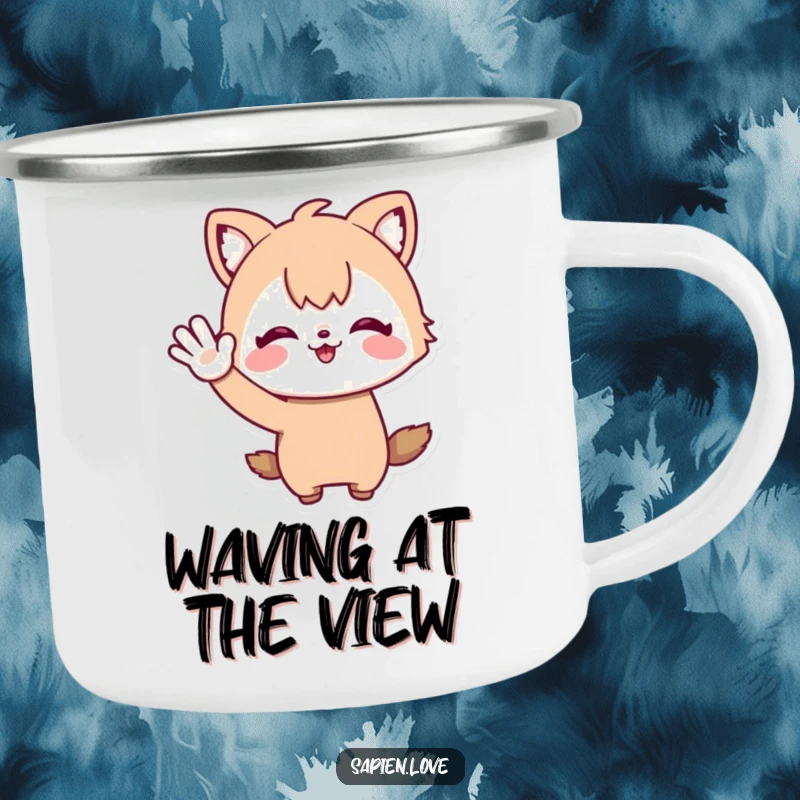 Funny Camping Mug: A sturdy enamel cup with a whimsical character's animal ears waving enthusiastically, perfect for outdoor enjoyment.
