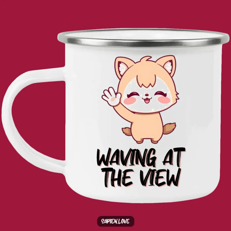 Funny Enamel Camping Mug - Waving Whimsical Animal Campfire Cup Gift