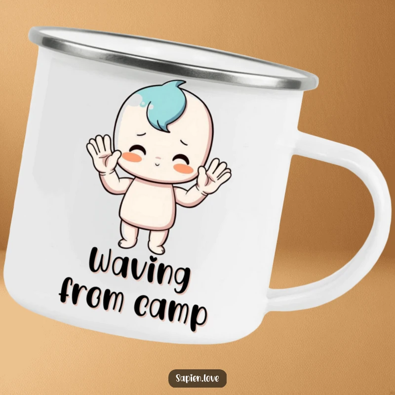 Funny camping mug featuring a stick figure performing an exaggerated wave, built for outdoor use and adding a touch of humor to any campfire.