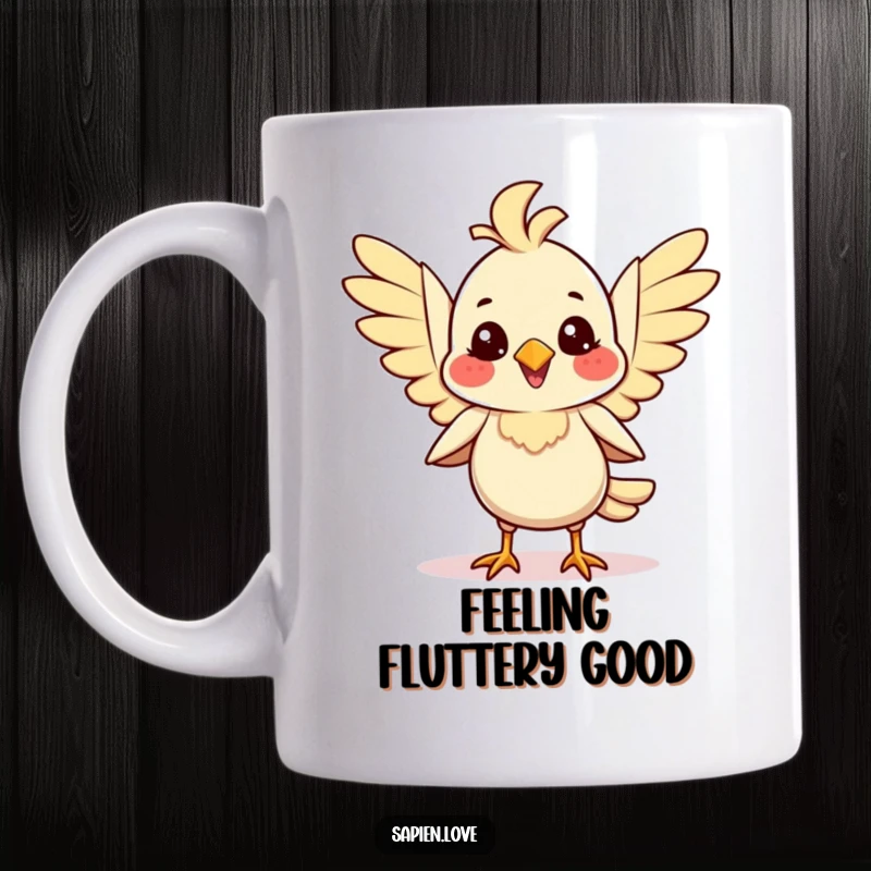 Smiling bipedal avian creature flapping its wings with joy on a coffee mug, radiating pure happiness.